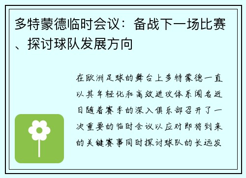 多特蒙德临时会议：备战下一场比赛、探讨球队发展方向